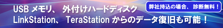 USBメモリ、外付けハードディスク、LinkStation、TeraStationからのデータ復旧も可能！ 弊社持ち込みの場合、診断無料！